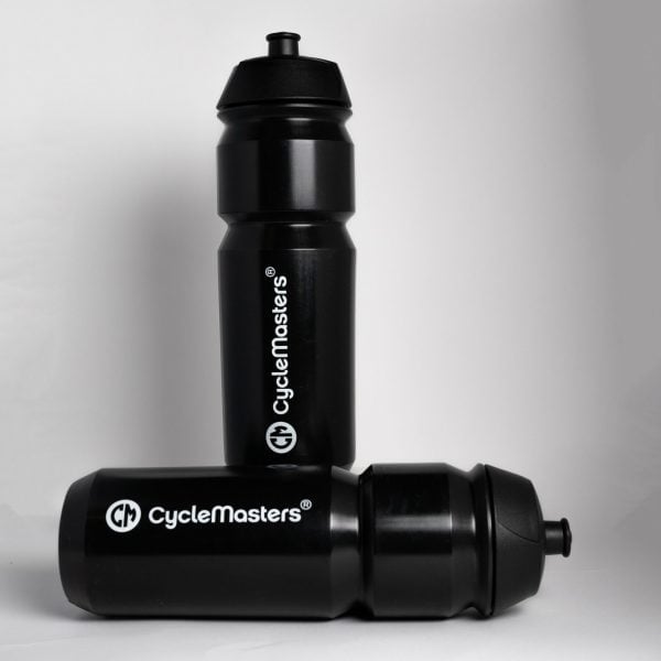Two black CycleMasters water bottles