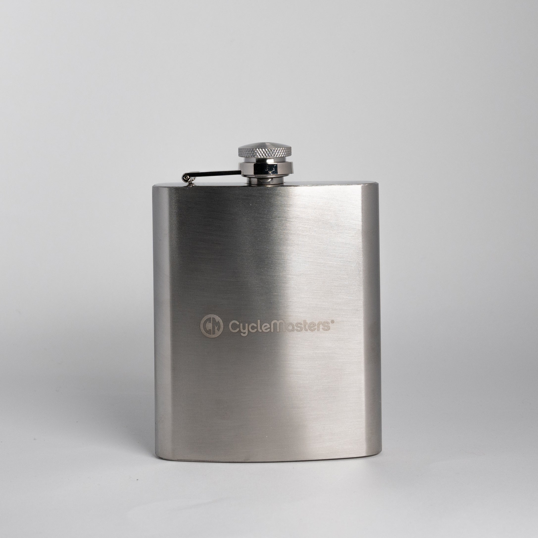 A silver CycleMasters flask