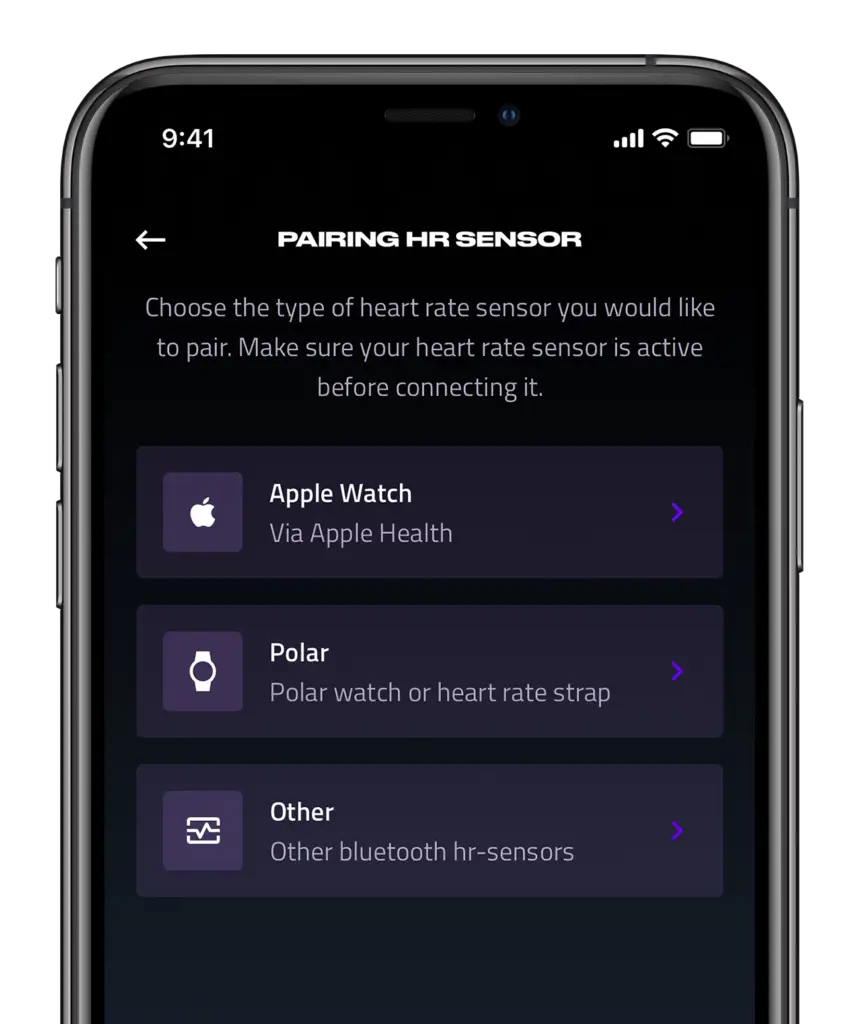 A smartphone screen displaying an app interface for pairing heart rate sensors for indoor cycling. The options listed are "via Apple Health" and "Polar watch or heart strap" with Bluetooth icons.