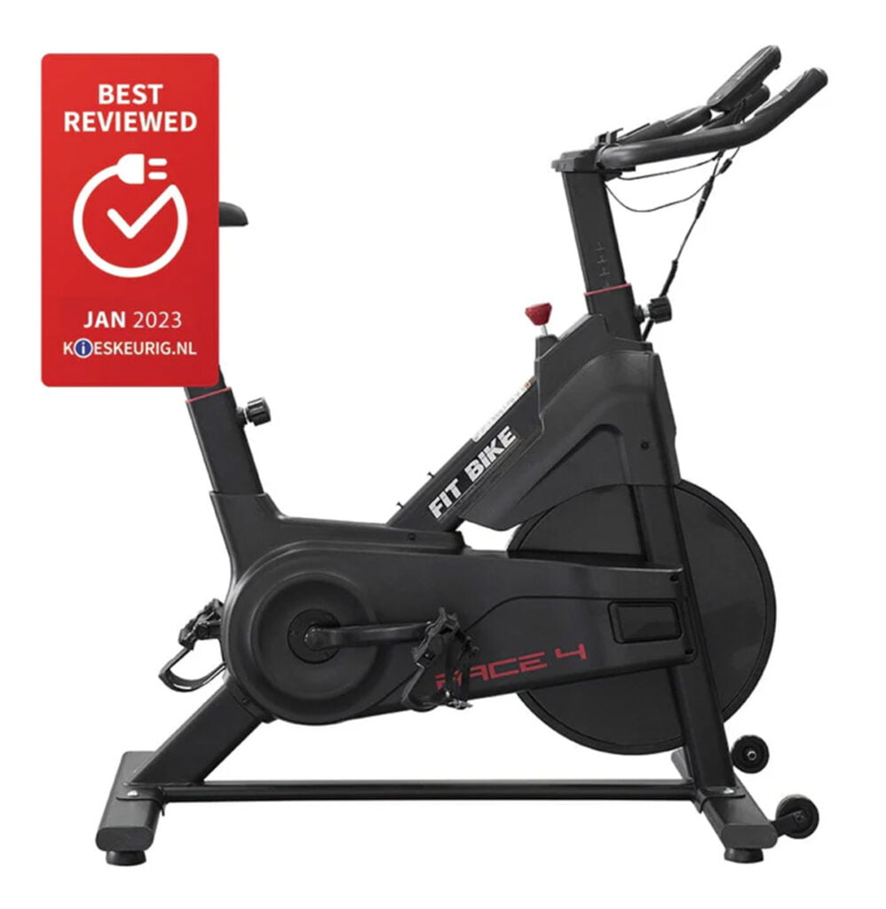 A black stationary exercise bike+ branded "fit bike race 4" with a red and white "best reviewed Jan 2023" tag attached at the top. The bike+ features adjustable seat and