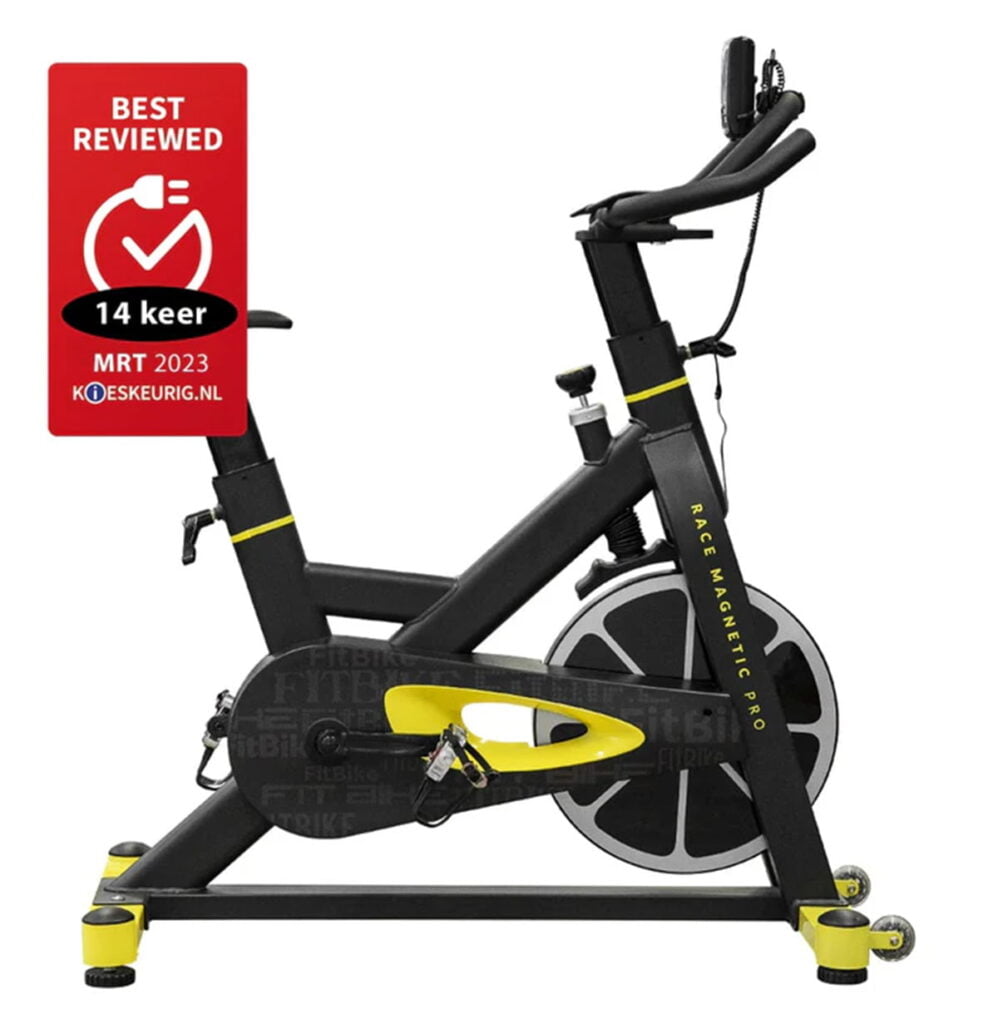 An image of a black and yellow stationary exercise bike with a digital monitor, labeled with a red "best reviewed" tag and the text "14 keer, mrt 2023.