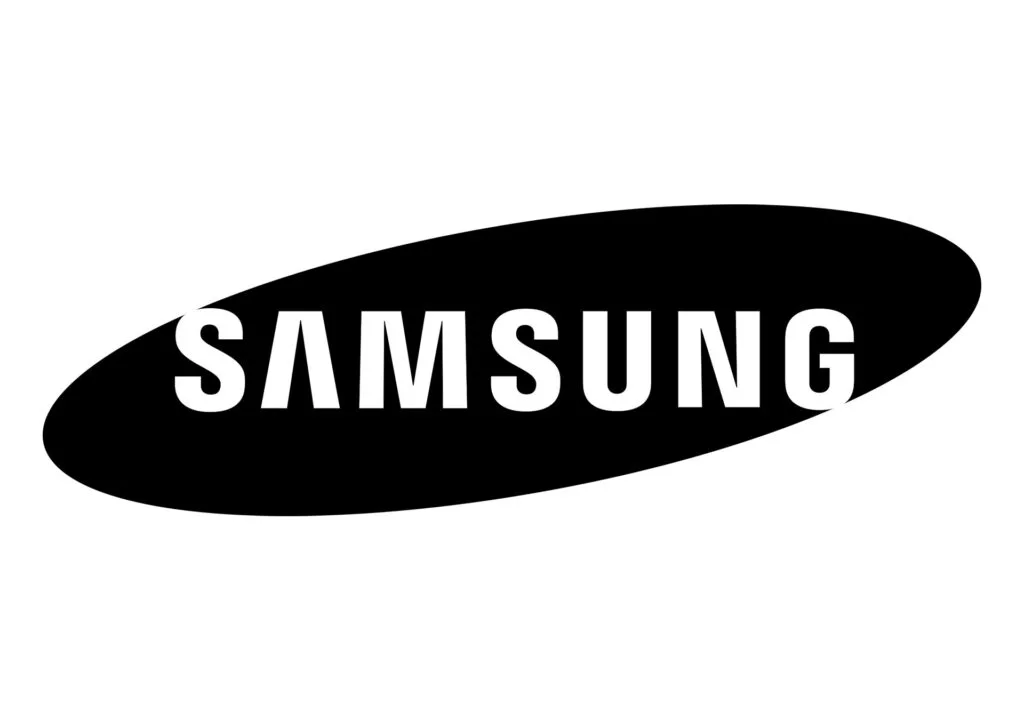 Samsung-logo met de merknaam in witte hoofdletters gecentreerd in een langwerpig zwart ovaal.