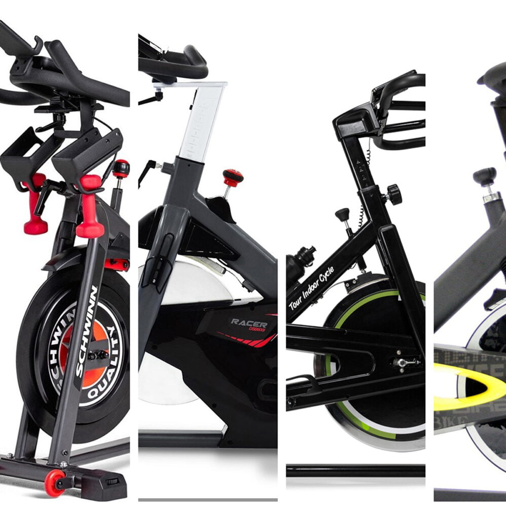 An image showing five different models of exercise bikes, each depicted side by side. Each bike varies slightly in design, showcasing a diverse range of features and build styles suitable for indoor cycling.